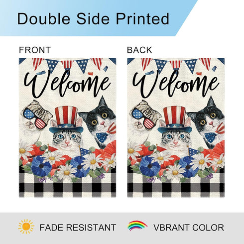4th of July Patrioctic Cat Garden Flag 12x18 Inch Vertical Double Sided Welcome Floral Cat Memorial Day Independence Day Outside Yard Party Decora...