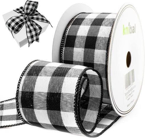 Wired Traditional Buffalo Plaid Ribbon 2-1/2 inches x 25 Yard Buffalo Check Black and White Ribbon for Gift Wrapping, Crafts, and Decorations...