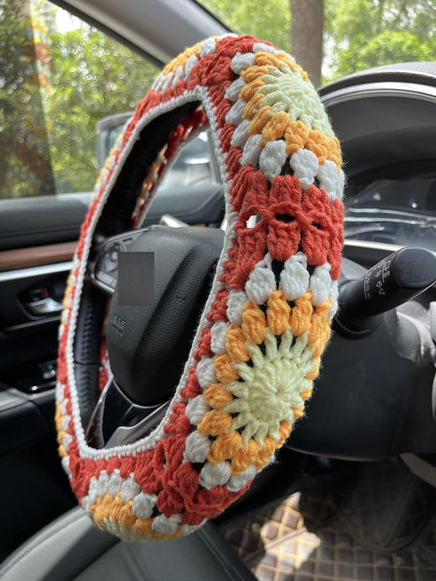 Crochet Sunflower Car Steering Wheel Covers Orange Universal 14-15 inch for Women/Men (Steering Wheel Cover)...