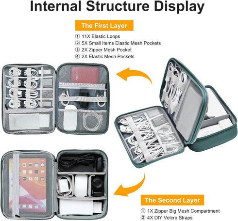 Large Capacity Electronics Accessories Organizer Travel Case with Adjustable Divider Waterproof Leather Cord Organizer Case Shockproof Tech Organi...