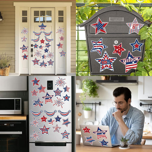 Whaline 24Pcs Patriotic Refrigerator Magnets 4th of July Stars Fireworks Refrigerator Magnetic Stickers Stars and Stripes Magnetic Decals for Inde...