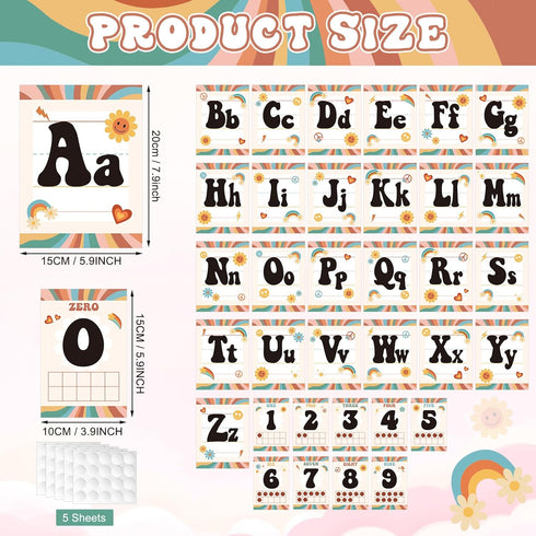 36Pcs Retro Classroom Alphabet Number Bulletin Board Set, Groovy ABC Alphabet Card and 0-9 Number Posters Decor with Glue Point for Preschool Kind...