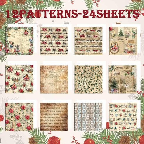 Christmas Pattern Scrapbook Paper, 6 Inch Card Production Supplies, 24 Sheets Single Sided Acid-Free Cardstock Greeting Card, Handmade Gift Journa...