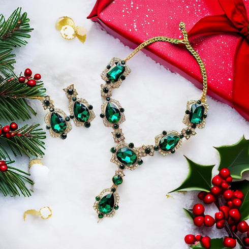 Indian Gold Green Jewelry Sets for Women - Chunky Emerald Dark Green Rhinestone Statement Bib Gold Earrings and Necklace Set Costume Jewelry for W...