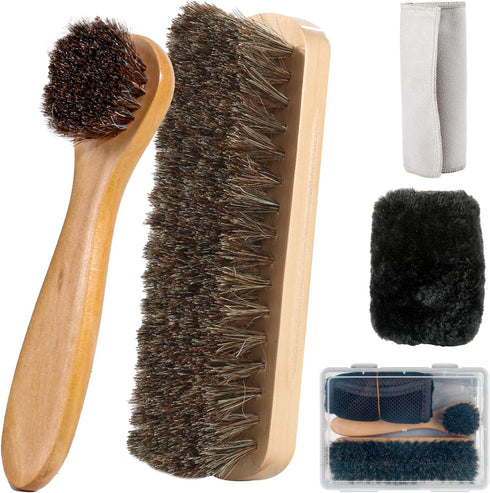 5 Pcs Horsehair Shine Shoes Brush Kit Polish Dauber Applicators Cleaning Leather Shoes Boots Care Brushes Suede Cleaner Brush with Microfiber Shoe...