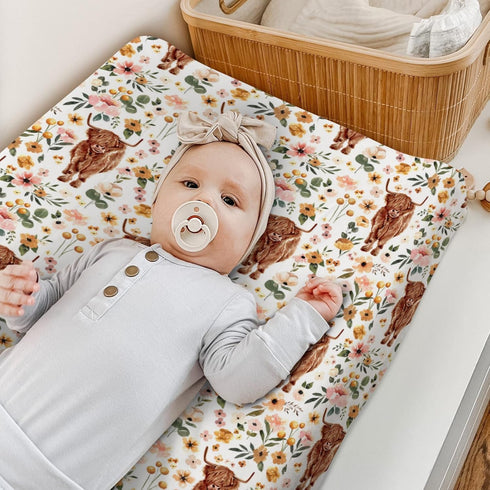 Highland Cow Boho Floral Changing Pad Cover for Baby Girls, Western Farm Animal Retro Flower Diaper Change Table Covers, Soft Stretchy Safe Snug F...