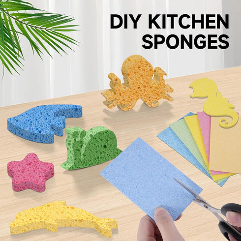 12-Count Natural Kitchen Sponge,Compressed Cellulose Scrub Sponges,Non-Scratch Kitchen Sink Sponges for Dishes Cleaning Bathroom Cars,Funny Colorf...