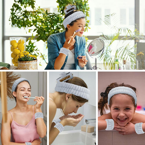 4Pcs Gray Spa Headband and Face Washing Wristbands Set, Skincare Headband Face Wash Headband Makeup Headband, Hair Claw Clip Skin Care Headband fo...