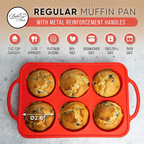 Regular Size 6 Cup Silicone Muffin Pans for Baking - Non-Stick Silicone Cupcake Pans for Baking, Easy-Release, Metal Handles, BPA-Free, Dishwasher...