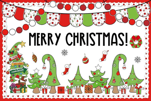 Whaline 94Pcs Merry Christmas Bulletin Board Decoration Kit Holiday Bulletin Board Set Xmas Tree Snowflake Gift Paper Cutouts with Glue Points for...