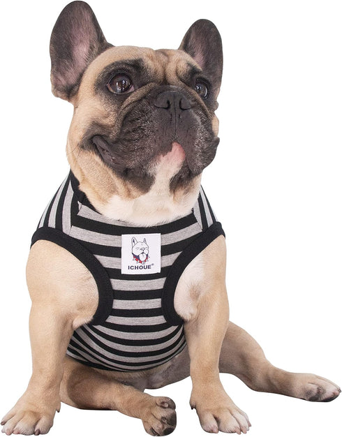 iChoue French Bulldog 100% Breathable Cotton Striped T Shirts Summer Cooling Vest Clothes for Medium Dogs Tank Tops Frenchie Pug English Boston Te...