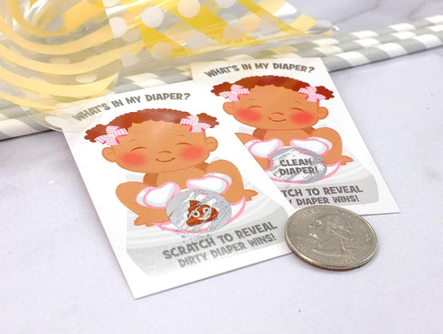 Girl - What's In My Diaper Baby Shower Scratch Off Game | African American | 24 Cards - 1 Winner | Baby Shower Games | Baby Shower Prizes | Door P...