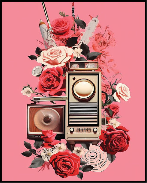 Posterizer 1 pcs-old timey radio-pink background collage-Abstract & Modern Art-Floral & Botanical Art-Gift for Art Lovers- UNFRAMED Wall Art...