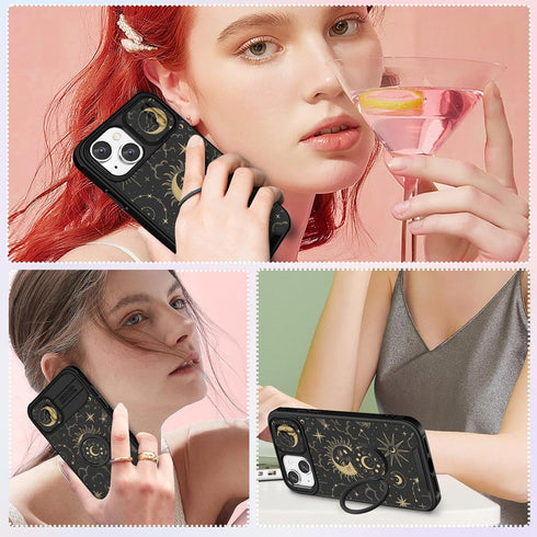 (2in1 for iPhone 15 Plus Case for Women Girls Cute Sun Moon Star Cover Girly Pretty Black Aesthetic Unique Design with Camera Cover and Ring Stand...