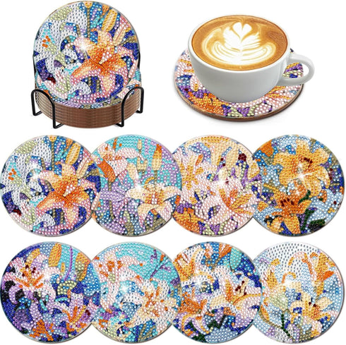 DOTSOPS 8 Pieces Flower Diamond Painting Coasters with Holder - Landscape Diamond Art Coasters with Cork Base for Beginners Adults & Craft Supplie...