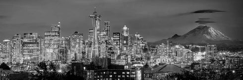 PHOTOSBYJON Seattle Skyline 2020 Photo Print UNFRAMED Dusk BW Black & White City Downtown 11.75 inches x 36 inches Rainier Photographic Panorama P...