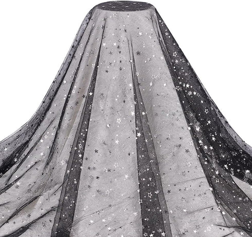BENECREAT 3Yard Black Sequins Star Lace Fabric, 59" Silver Stamping Star Mesh Lace Fabric for DIY Handmade Clothing Wedding Dress Home Decor, 0.4m...