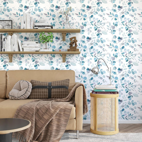 Blue Leaf Wallpaper Peel and Stick Vintage Leaf Contact Paper White Greenery Floral Wallpaper Waterproof Self-Adhesive Wall Covering for Bedroom C...