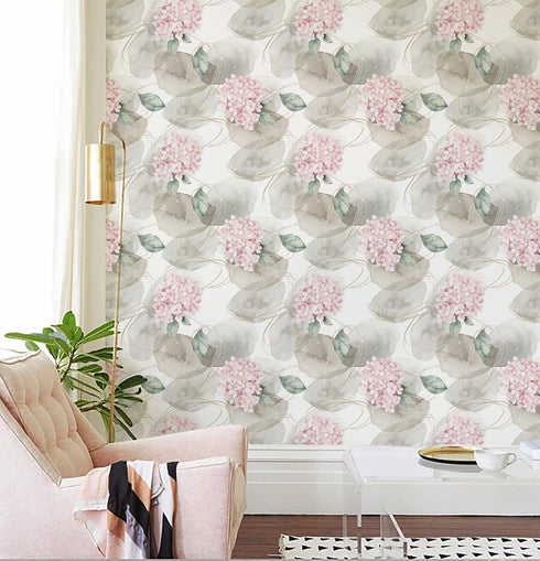 HAOKHOME 93164 Abstract Nordic Peel and Stick Wallpaper Geometric Hydrangea Floral White/Grey/Pink Stick on Home Decor 17.7in x 118in...