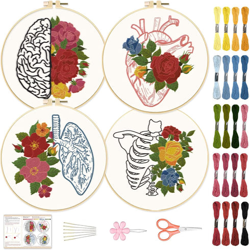 BEUNITONE 4 PCS Brain Embroidery Kit Heart Flower Cross Stitch Kit for Adults Lung Embroidery Starter Kit Bone Needlepoint Kit for Beginners Inner...