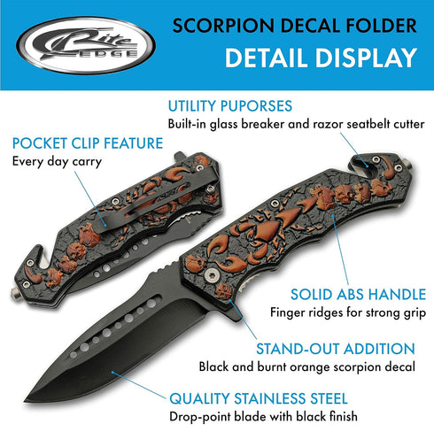 SZCO Supplies 300563 Scorpion Decal Liner Lock Assisted Open Tactical Rescue Professional Folding Knife, Black Orange, 8" Length...