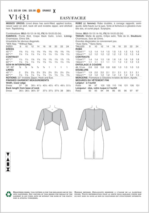 Vogue Patterns V1431F50 Misses' Dress Sewing Template, Size F5 (16-18-20-22-24)...
