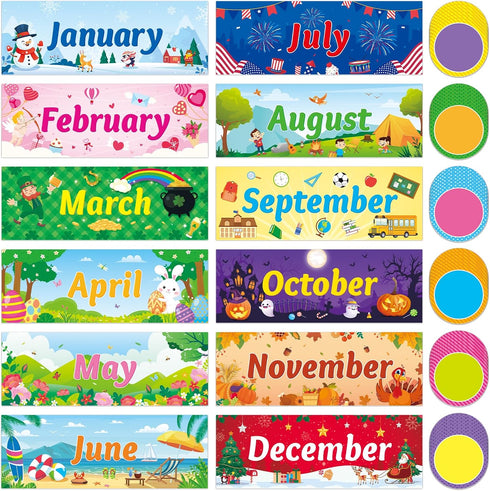 48 Pcs Holiday Monthly Headliners Set 12 Months of The Year Headers Monthly Bulletin Board Seasonal Monthly Headers with 36 Colorful Round Blank C...