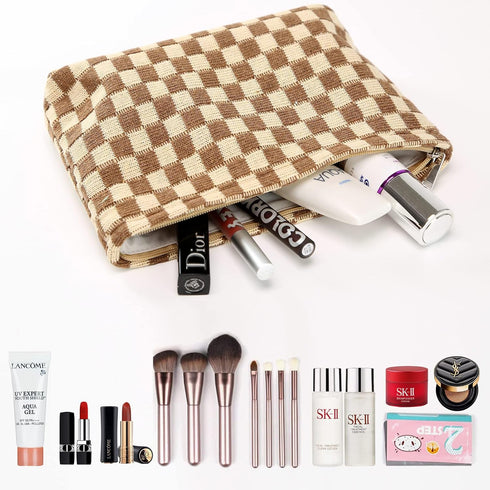 Cosmetic Bags for Women-Checkered Travel Cosmetic Bag Aesthetic Women Handbags Purses Makeup Brushes Organizer Storage Makeup Bag Pouch Pencil Cas...