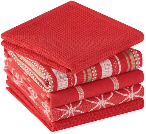 DII Assorted Woven Kitchen Set, Dishtowel, 18x28, Dishcloth, 13x13, Red, 5 Piece...