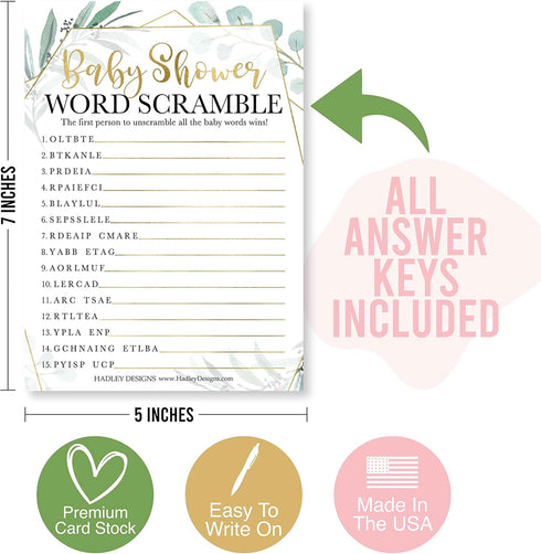 Hadley Designs Hilarious Baby Shower Games Set – 25 Double-Sided Cards for 25 Guests, 2 Games, Word Scramble Baby Shower Game, True or False, Gend...