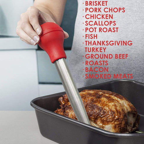 Stainless Steel Turkey Baster With Cleaning Brush - Food Grade Syringe Baster For Cooking & Basting With 2 Marinade Injector Needles - Ideal For B...
