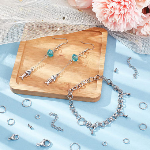 PH PandaHall 830pcs Jewelry Making Findings Stainless Steel, 680pcs 5 Styles Jump Rings 90pcs 3 Styles Lobster Claw Clasps 30pcs 40mm Extender Cha...