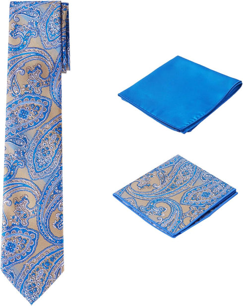 Men's Woven Paisley Regular Length Neck Tie with 2 Handkerchief Pocket Squares Hanky Set - Tan Blue Black...