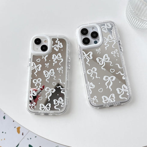 Love Heart Bow Plating Mirror Soft Phone Case Compatible with iPhone Case (Silver,iPhone 13 Pro)...