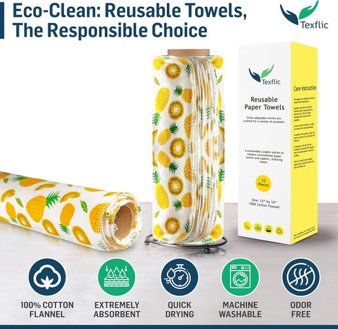 Reusable Paper Towels 12 Pack Roll 12 * 10 Inches – Soft, High-Absorbent 100% Cotton Flannel Paperless Paper Towels, Washable & Compatible with Al...