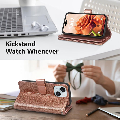 Varikke for iPhone 13 Wallet Case Detachable with 9-Card Holder for Women, Fashion Glitter PU Leather Wrist Strap Strong Magnetic Flip Wallet Remo...