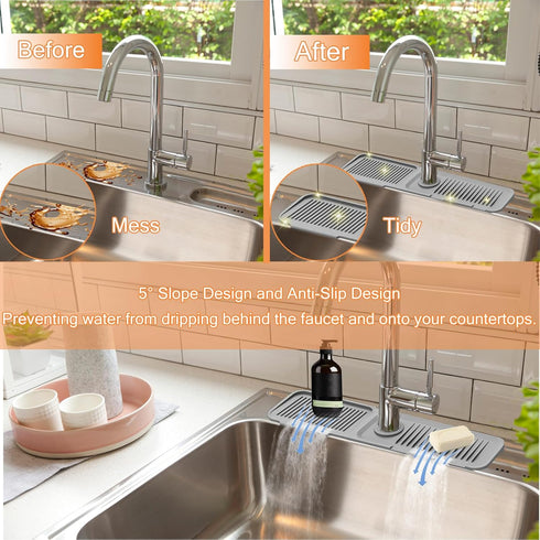 Silicone Kitchen Sink Splash Guard Faucet Mat (24" x 5.5"), 5° Slope Faucet Draining Mat, Faucet Handle Drip Catcher Tray Sink Drain Faucet Pad Be...