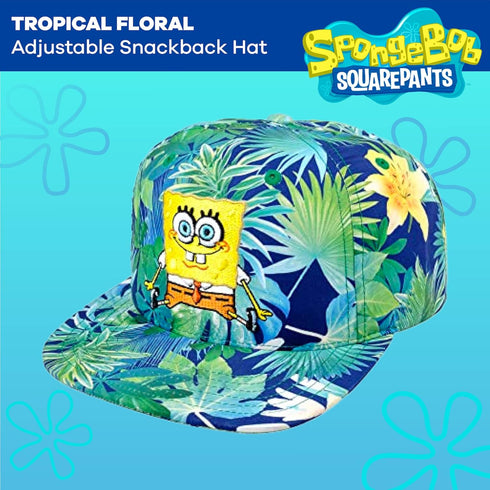 SpongeBob SquarePants Baseball Cap, Tropical Floral Curved Brim Adjustable Snapback Hat, Blue and Green, One Size...