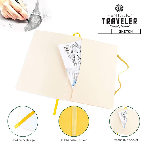 Pentalic Art Traveler Pocket Journal Sketch Book, 6" x 8", Yellow Gold...