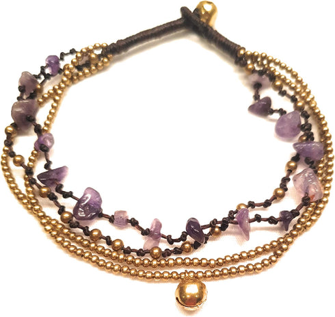 Infinityee888 Ametyst Anklet Bracelet with Bell Stone Handmade Brass Bead Bells Indian Boho Anklet for women, teen girls -JA015 Purple...