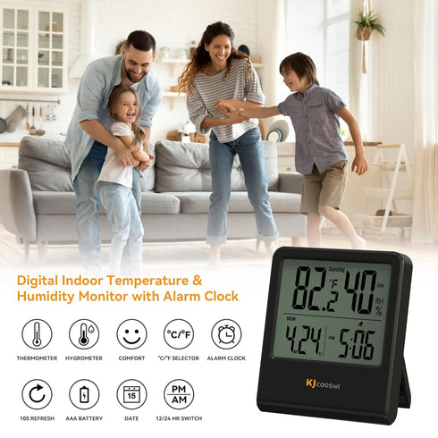 Indoor Thermometer, Room Thermometer and Hygrometer with Clock, Temperature and Humidity Meter with Clock, Double Comfort Indicator, Time, Date(Bl...