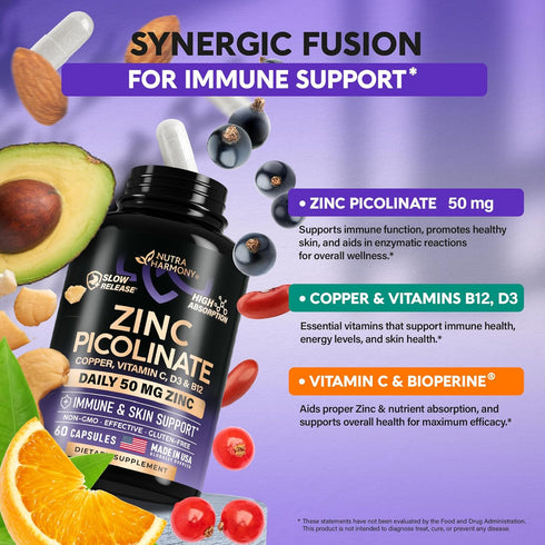 Zing Picolinate 50mg - Zinc Supplement with Copper, Vitamin D3 & B6 - Stomach Friendly | Slow Release Zinc - Immune Support & Skin Health - High A...