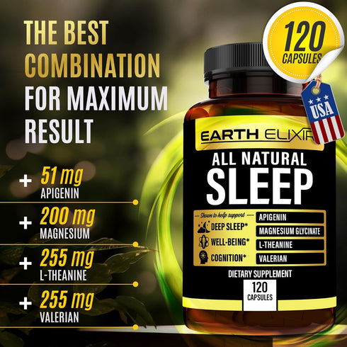 4-in-1 Sleep Aid (120 Caps) w/Apigenin 50mg, Magnesium Glycinate 200mg, L Theanine 250mg & Valerian Root for Sleep Aid 250mg | Apigenin Supplement...