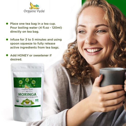 Organic Veda Moringa Tea Bags - 100% Pure Organically Grown Original Green Leaves Moringa Powder Rich in Vitamins, Amino Acids, Antioxidants - Veg...