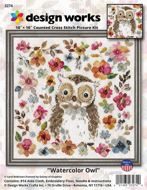Design Works Crafts Watercolor Owl Counted Cross Stitch Kit, White...