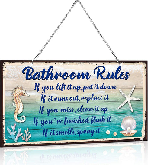 Seashell Bathroom Rules Decor Signs Wall Ocean Theme Beach Seashell Starfish Decor for Metal Sign Hanging Wall Funny Bathroom Rules Art Decorative...