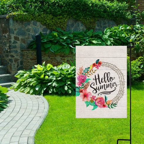 Hello Summer Garden Flag Vertical Double Sided 12.5 x 18 Inch Floral Wreath Burlap Yard Outdoor Decor...