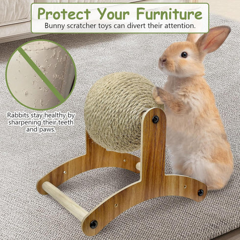 Fhiny Rabbit Scratch Toy, Natural Sisal Rabbit Scratching Ball Sisal Rope Bunny Claw Scratcher Rotating Ball Interactive Toys Nail Scratching Post...