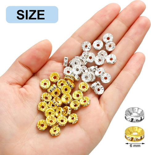 Hicarer 800 Pieces Round Rondelle Spacer Beads Crystal Rhinestone Loose Charm Beads for Jewelry Making(6 mm,Gold, Silver)...