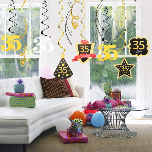 LINGTEER Happy 35th Birthday Decorations - 12 Pcs Birthday Black & Gold Foil Swirls Streamer Set,Cheers to 35 Years Old Bday Party Gift Decoration...